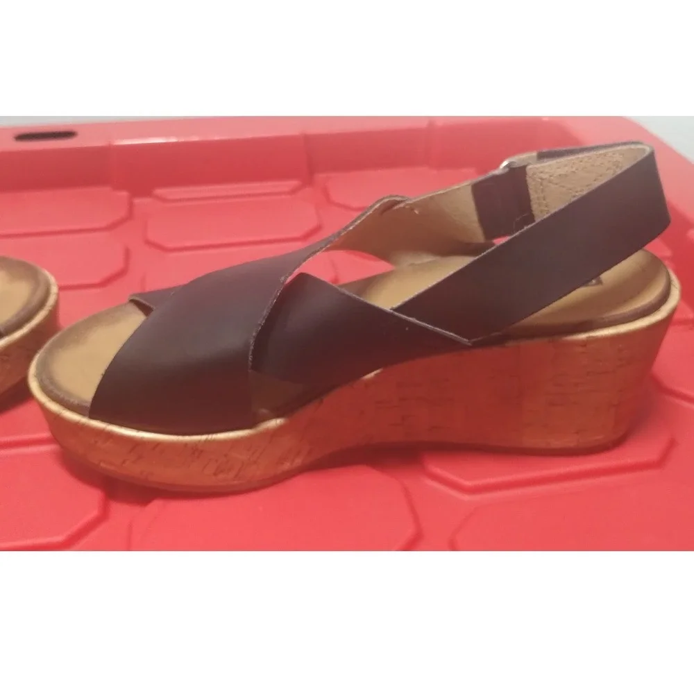 Clarks Collection Brown Faux Leather Cork Wedge Slingback Sandals Womens 6.5 M